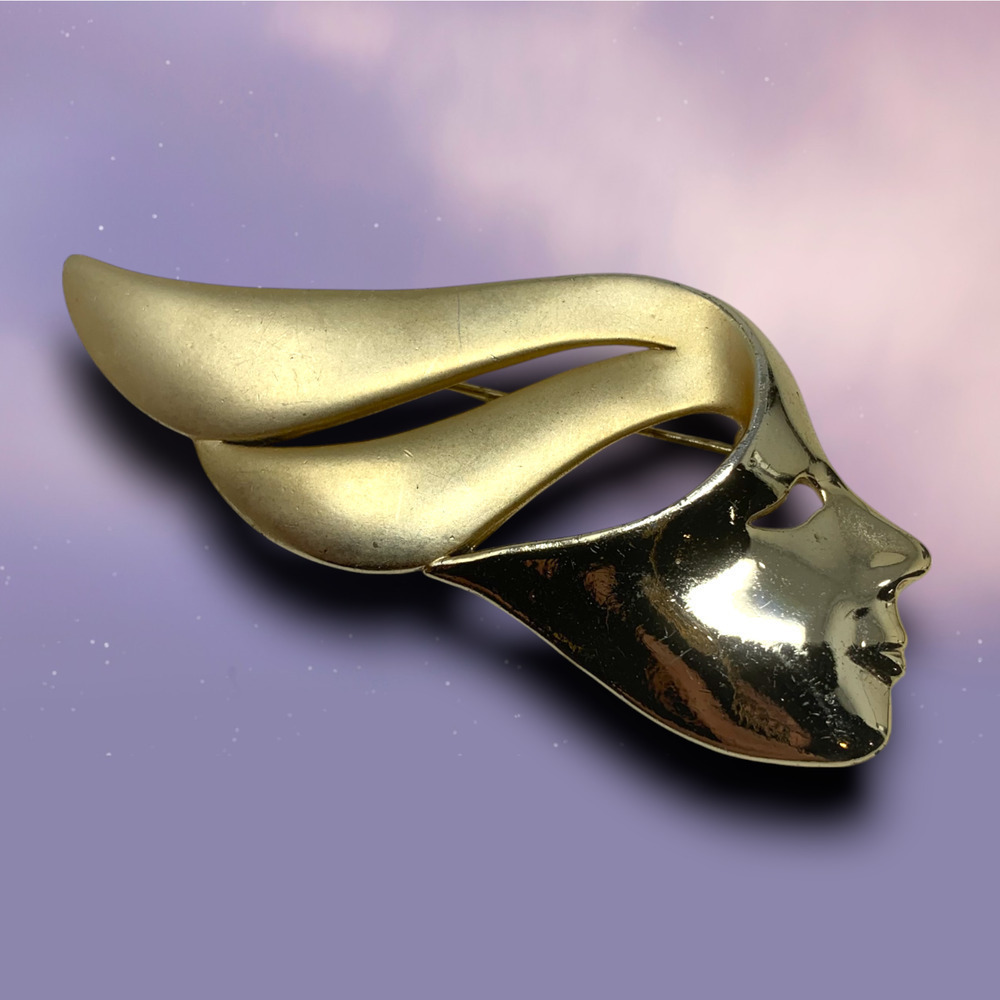 Vintage 1980's Modernist Silhouette Profile Brooch Pin Gold Tone Avant Garde